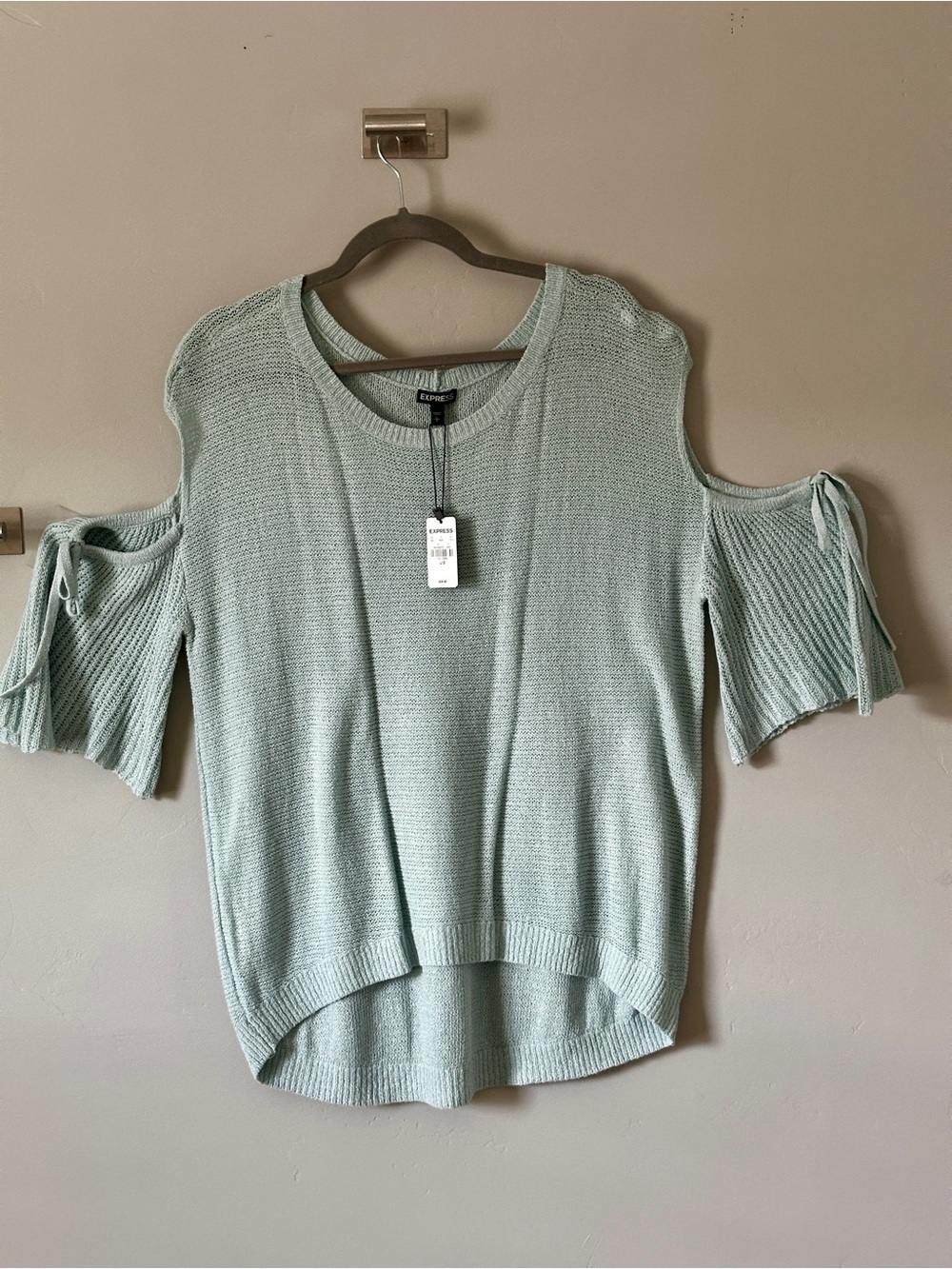 Express Mint Green Cold-Shoulder Tie-Sleeve Sweater Top
